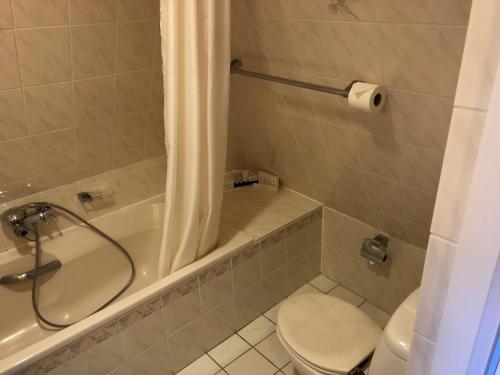 a bathroom with a toilet and a tub and a sink at Hotel de Keizerskroon Hoorn in Hoorn