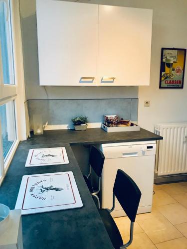 a kitchen with a counter with two drawings on it at Gite Le Cerf Pantin in Saint-Hubert