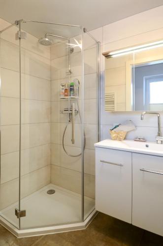 a shower with a glass door and a sink at Apartmenthaus Vergissmeinnicht in Abtenau