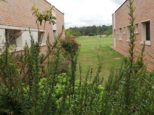 a view of a field between two buildings at Hotel Juana de Ibarbourou in Melo