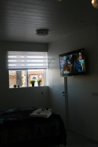 a bedroom with a flat screen tv on the wall at Country Dream - Langholt 2 in Selfoss