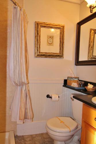 a bathroom with a toilet and a sink and a mirror at Youngtown Inn in Youngtown
