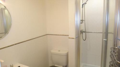a bathroom with a toilet and a shower with a mirror at Plymouth Dockyard at Latitude 52 inc parking in Plymouth
