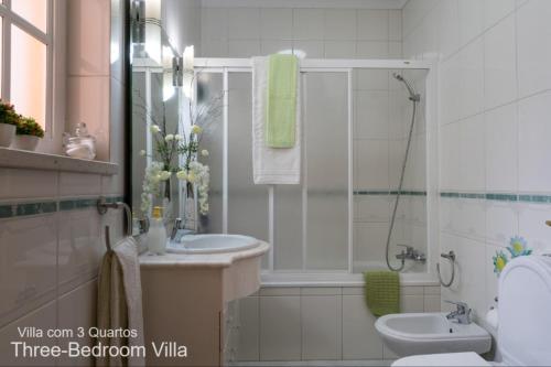 uma casa de banho com um chuveiro, um lavatório e um WC. em Akivillas Lagos Garden em Lagos