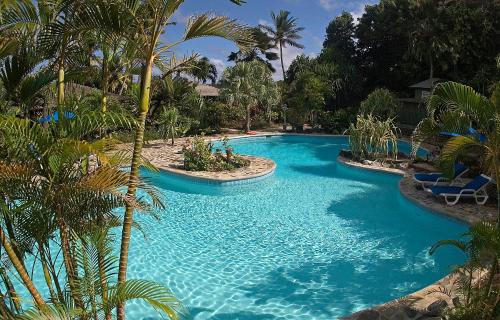 a large pool with blue water and palm trees at Young Island Resort in Kingstown