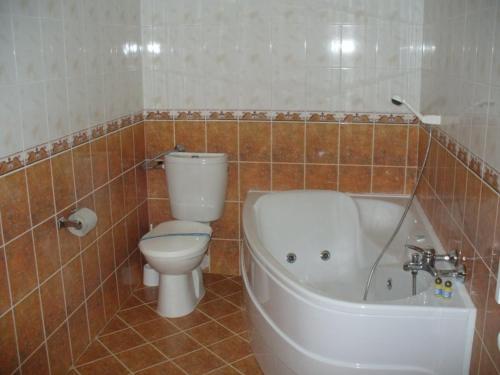 ein Badezimmer mit einem WC und einer Badewanne in der Unterkunft Балнеохотел "Люляци" in Vrabtsite