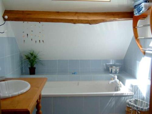 a bathroom with a bath tub and a sink at la roseraie in Caumont