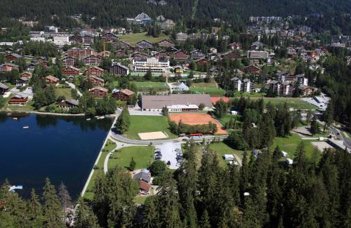 an aerial view of a town next to a lake at Dortoir Moubra in Crans-Montana