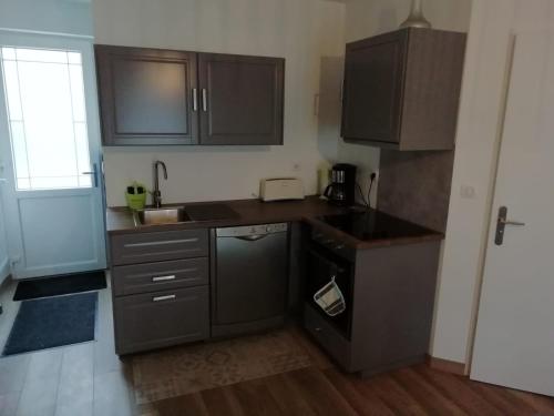 Elle comprend une petite cuisine avec des placards bruns et un évier. dans l'établissement Les Portes de Champagne, à Bassevelle