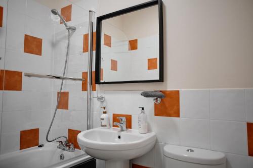 a bathroom with a sink and a mirror and a toilet at Central Located One Bedroom Apt in Bristol