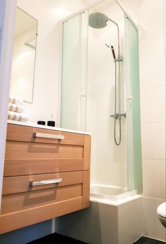 La salle de bains est pourvue d'une douche, d'un lavabo et d'un tiroir. dans l'établissement Studio Cosy centre Cannes, à Cannes