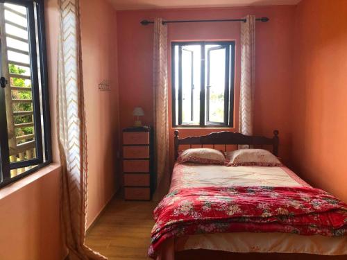 a bedroom with a bed and two windows at Aashsweet Villa in Calodyne