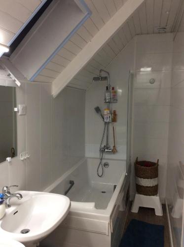 une salle de bain avec un lavabo, une baignoire et une douche dans l'établissement hameau de kerglien, à Moëlan-sur-Mer
