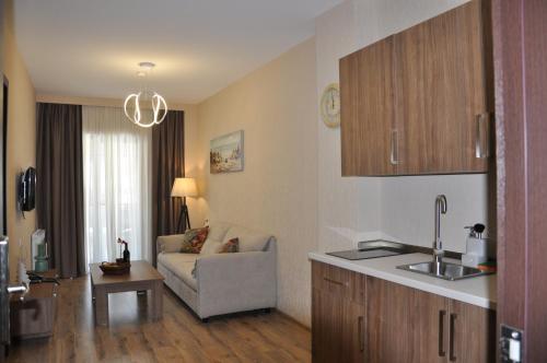 una cucina e un soggiorno con un divano e un soggiorno di Bakuriani Crystal resort 408 a Bakuriani