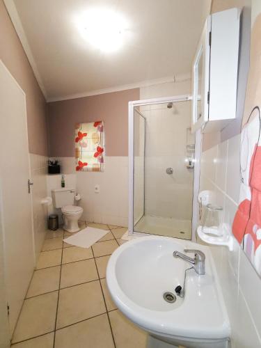 a bathroom with a sink and a shower and a toilet at Loerie Guesthouse in Hoedspruit