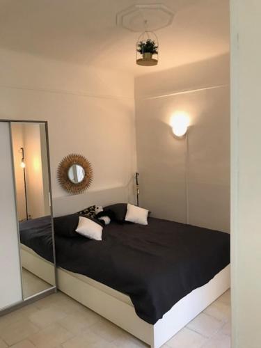 a bedroom with a black bed with a mirror at 38 Rue Papety in Marseille