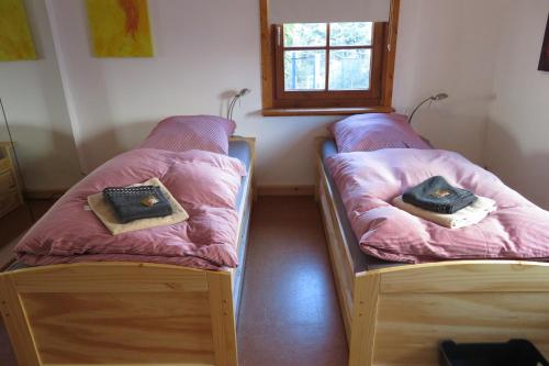 two twin beds in a room with a window at Welcome House in Wendlingen am Neckar