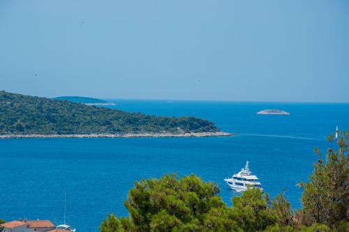 a boat in a large body of water at Olive gardens in Primošten