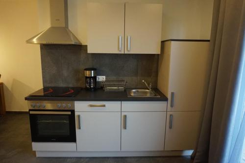 a small kitchen with white cabinets and a sink at Wohnung 1 im Kirschblütenhof in Ingelheim am Rhein