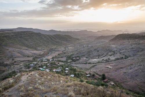 an aerial view of a valley in the mountains at Sora Lodge Lalibela in Lalībela