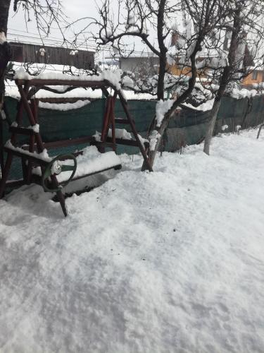 a park bench covered in snow next to a tree at Topuzovi Guest House in Dobrinishte