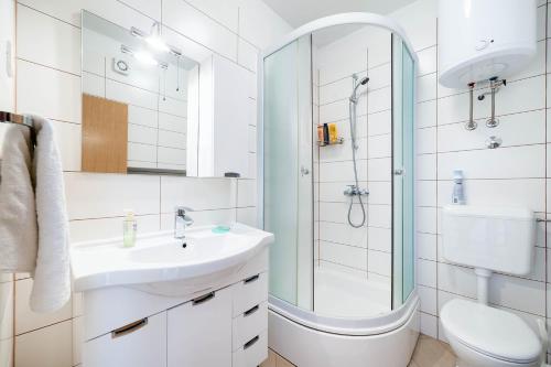 ein weißes Badezimmer mit Waschbecken und Dusche in der Unterkunft VELA in Sevid