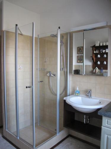 a bathroom with a shower and a sink at Ferienwohnung mit tollem Ausblick in Dresden