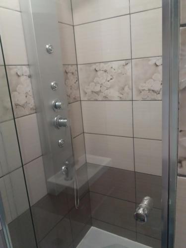 a bathroom with a shower with a glass door at Neptun apartman in Dömsöd