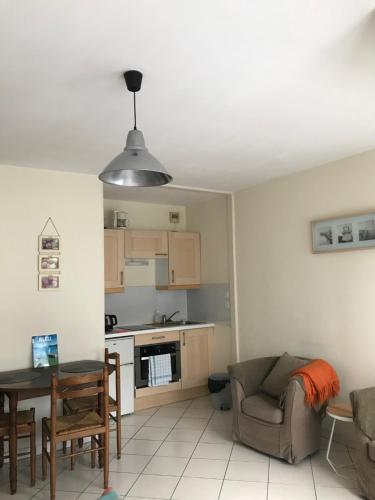 une cuisine et un salon avec un canapé et une table dans l'établissement 7 Boulevard des Côtes, à Aix-les-Bains