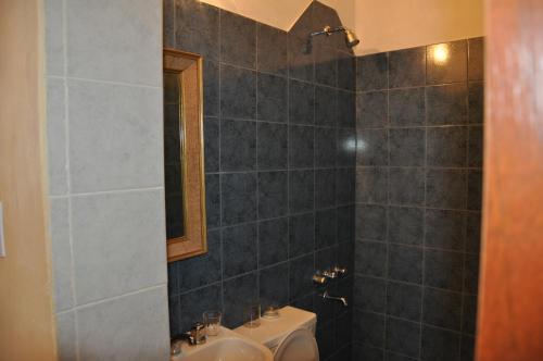 a bathroom with a sink and a toilet and a mirror at Hospedaje Familiar Raza Mistica in Villa Unión