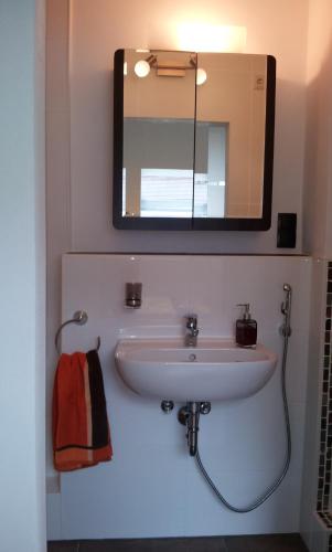W łazience znajduje się biała umywalka i lustro. w obiekcie Appartement Ferienwohnung Vogel w mieście Hilchenbach