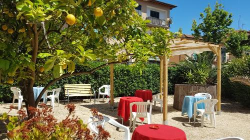 un groupe de chaises et de tables sous un arbre dans l'établissement Hotel VILLA ITALIA, à Porto Azzurro