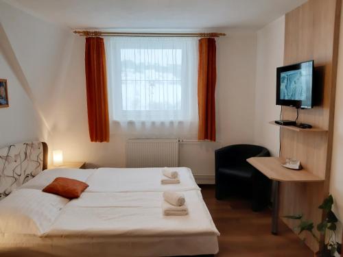 a hotel room with a bed and a television at Penzión Lúčky in Lúčky