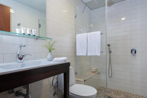 a bathroom with a toilet and a sink and a shower at Embassy Hotel Tel Aviv in Tel Aviv