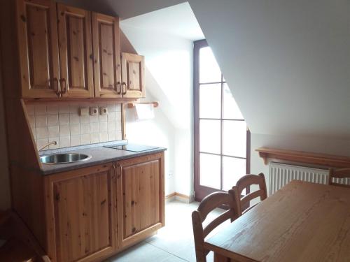 a kitchen with wooden cabinets and a table and a sink at Penzion Ve Staré škole in Vlastějovice