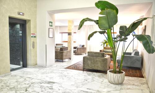 a living room with a potted plant in a lobby at Hotel Tiffany in Marina di Massa