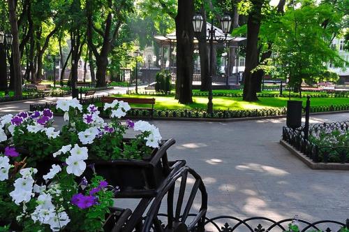 a bench with flowers in a park with trees at Langery Residence Central Apartments in Odesa