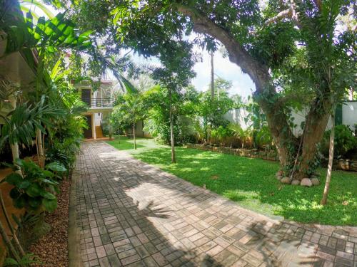 a garden with a brick path in front of a house at Yala Southern Homestay in Tissamaharama