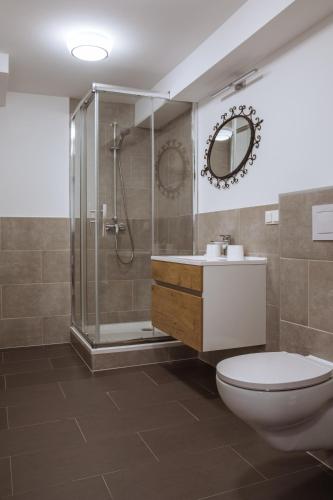 a bathroom with a shower and a toilet and a sink at Friedlwirt-Kraftplatz Natur in Unken