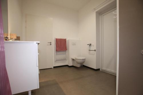 a bathroom with a toilet and a red towel at Résidence Beauvoir le Mont-Saint-Michel (9 gîtes de 2 à 5 personnes) in Beauvoir