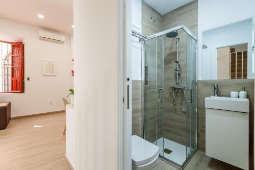 łazienka z prysznicem i toaletą w obiekcie Centro, 3BD y 2BA, 1min Catedral, duplex de lujo w Sewilli