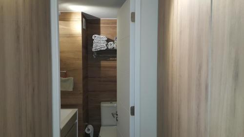 een badkamer met toilet en houten wand bij Concón, depto "Costa Borgoño" frente a playa La Boca in Concón