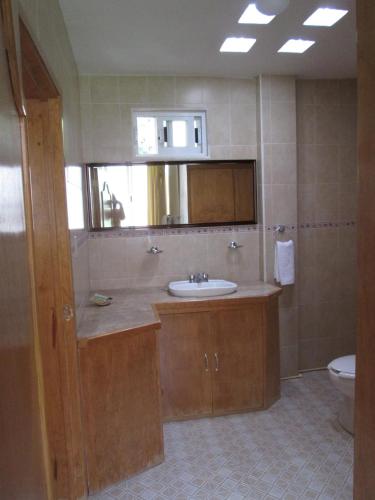 a bathroom with a sink and a toilet at Hotel Agua Blanca in San José Purúa