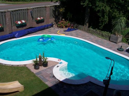 a swimming pool with a dolphin in the middle at B&B Knooppunt70 in Arcen