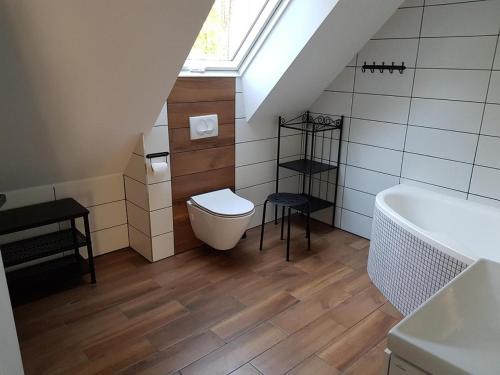 a attic bathroom with a toilet and a sink at Leśny Zakątek Na Gwizdówce in Sierakowice