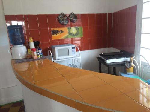 a kitchen with a counter top and a microwave at Hostal La Concordia in Ciudad Valles