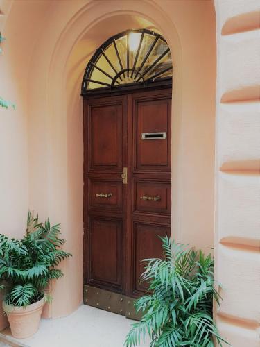 a wooden door in a building with two plants at Harry's Bar Trevi Hotel & Restaurant in Rome