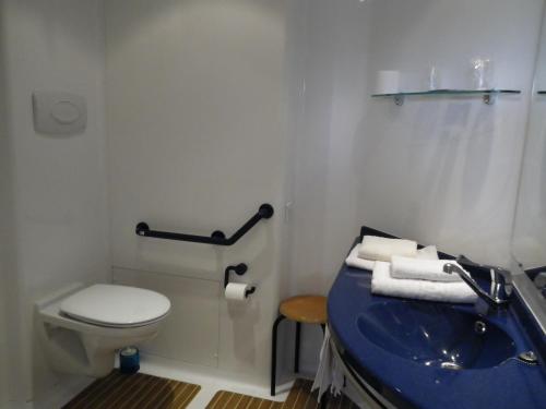 a bathroom with a toilet and a blue sink at Hôtel Notre Dame Des Neiges in La Féclaz