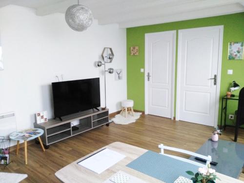 a living room with green walls and a flat screen tv at Joli gîte F2 indépendant avec jardin privé in Rouffach