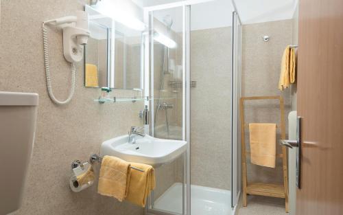W łazience znajduje się umywalka i przeszklony prysznic. w obiekcie Wirtshaus Meißl w mieście Puch bei Weiz